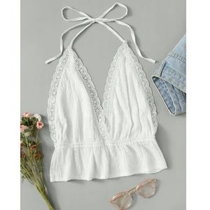 NWT Lace Panel Trim Open Back Halter Top